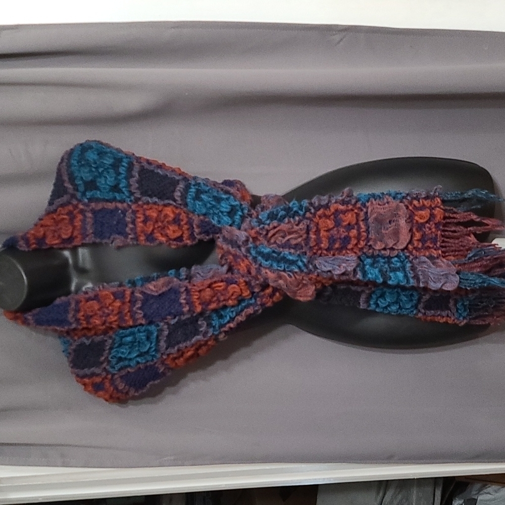 NWT Womens‎ Patchwork Scarf Wrap 70x16 in. Navy Rust Teal Fringed